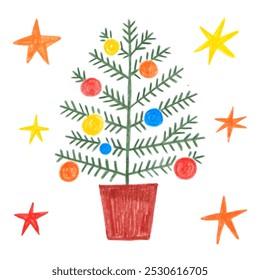Árbol de Navidad con decoraciones, bolas, estrellas amarillas y naranjas. Doodle dibujando a mano con lápices de colores. Dibujos con crayón. Lindos dibujos para niños. Elemento de diseño de Navidad y Año Nuevo.