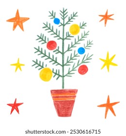 Christmas tree with decorations, balls, yellow and orange stars. Doodle drawing by hand with colored pencils. Drawings with crayon. Cute children's drawings. Cristmas and New Year's design element.