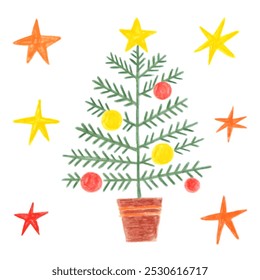 Christmas tree with decorations, balls, yellow and orange stars. Doodle drawing by hand with colored pencils. Drawings with crayon. Cute children's drawings. Cristmas and New Year's design element.