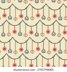 Decorações de árvore de Natal e contas padrão sem costura. ilustração de vetor de arte de linha pastel desenhada à mão para cartões de Ano Novo. Adequado para têxteis, papel de embrulho e papel de parede.