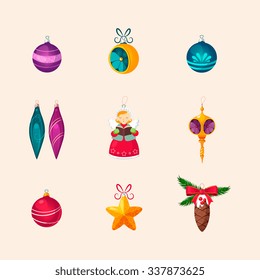 Christmas Tree Decorations. Bright Vector Icon Collection