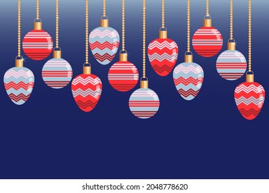 Christmas tree decorations, bubbles are hanging on gold chains. Blue background, Frame, Vector.