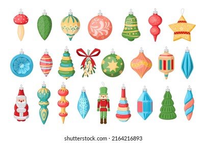 Christmas tree decorations, cartoon xmas holiday toys. Winter holidays cute fir tree elements, balls and toys vector illustrations set. New Year decorations collection