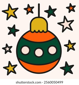 Christmas tree decorations. Colored Christmas tree decoration with a stroke. Stars around a Christmas ball. EPS 10.