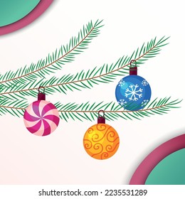 Christmas tree decorations. Colorful decor balls on fir tree branches. Flat vector illustration. Elements for Xmas designs, greeting cards.