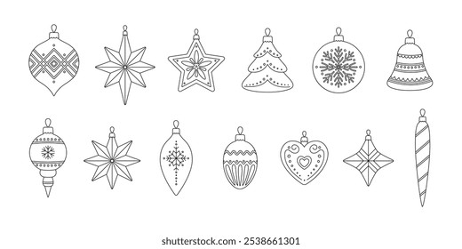 Christmas tree decorations coloring page with different shapes: ball, star, tree, heart, bell, cone, icicle. Vintage holiday ornaments outline set. Xmas toys collection. Coloring book for print