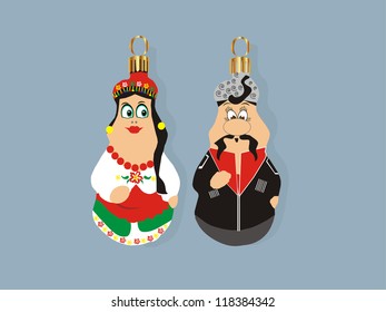 Christmas tree decorations, Cossack and kazachka. Vector illustration EPS 10.