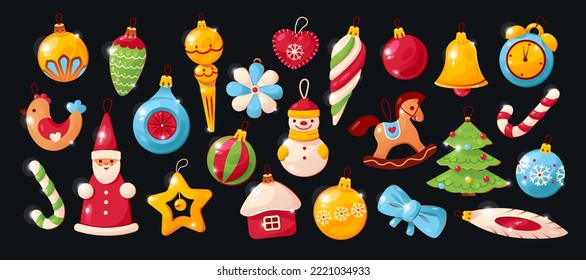 Christmas tree decorations. Decorative toys suspended on laces. Traditional Christmas accessories. Cartoon vector illustration
