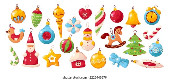 Christmas tree decorations. Decorative toys suspended on laces. Traditional Christmas accessories. Cartoon vector illustration