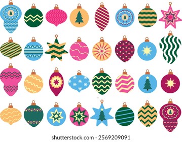 Christmas Tree Decorations: Decorative toys hanging on strings, traditional Christmas accessories. A cartoon-style vector illustration showcasing festive ornaments. EPS 10