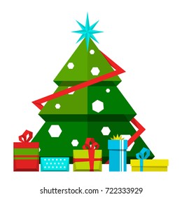 Christmas tree with decorations and different gifts. Vector stylized illustrations. Christmas tree and gift to xmas and new year