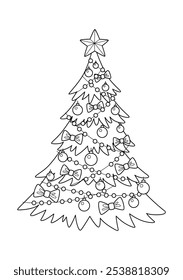 Christmas tree with decorations. Christmas doodle book coloring page. Outline illustration. Black and white.