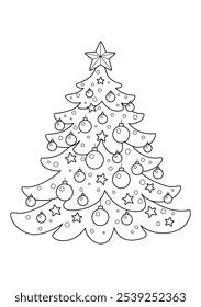 Christmas tree with decorations. Christmas doodle book coloring page. Outline illustration. Black and white.