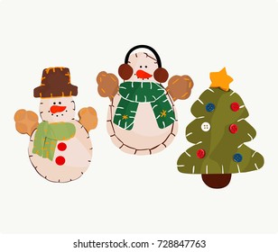 Christmas tree decorations from felt. Snowmen and Christmas tree. isolated on a white background. Vector illustration