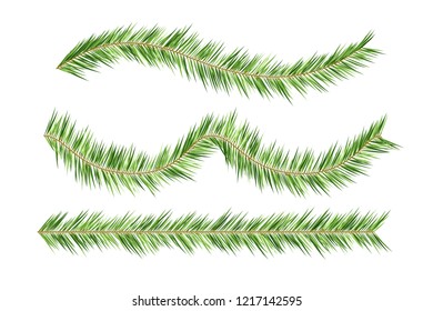 Christmas tree decorations. Fir branches borders. Horizontal design elements.