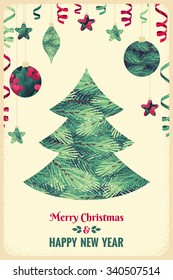 Christmas tree, decorations with fir branches, holly leaves and berries. Balls, paper streamers and stars. Retro vector illustration. Place for your text. Design for invitation, card, poster