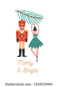 Christmas tree decorations flat vector illustration. Xmas greeting card design element. Holiday postcard concept with calligraphy. Nutcracker and ballerina toys hanging on fir tree branch.