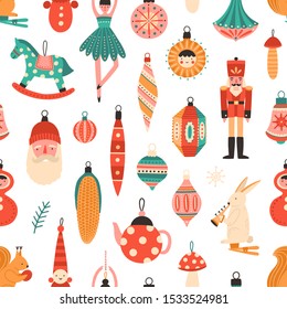 Christmas tree decorations flat vector seamless pattern. Traditional winter holiday cartoon texture. Decorative xmas toys illustration. New year backdrop. Festive wrapping paper, wallpaper design.