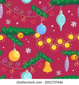 Christmas tree decorations, garlands, bells, snowflakes. Winter holidays ornament in cartoon style. Vector seamless pattern for xmas design, background, wallpaper, textile, postcards, wraps, decor.