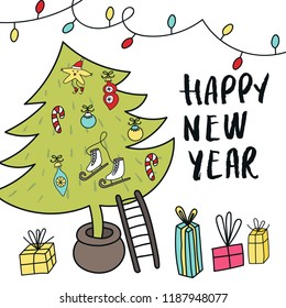 Christmas tree with decorations, gift boxes and hand drawn lettering. Cute New Year vector illustration.