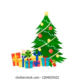 Christmas tree with decorations and gift boxes. Flat cartoon style.