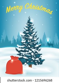 Christmas tree with decorations and gift boxes. Holiday background. Merry Christmas and Happy New Year. Vector illustration