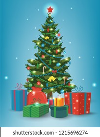 Christmas tree with decorations and gift boxes. Holiday background. Merry Christmas and Happy New Year. Vector illustration