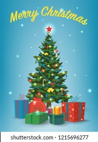 Christmas tree with decorations and gift boxes. Holiday background. Merry Christmas and Happy New Year. Vector illustration