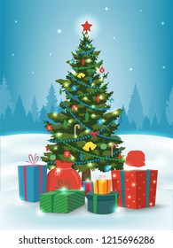 Christmas tree with decorations and gift boxes. Holiday background. Merry Christmas and Happy New Year. Vector illustration
