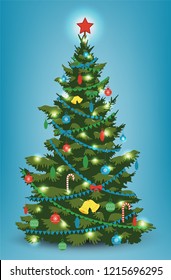 Christmas tree with decorations and gift boxes. Holiday background. Merry Christmas and Happy New Year. Vector illustration