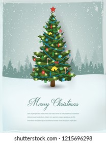 Christmas tree with decorations and gift boxes. Holiday background. Merry Christmas and Happy New Year. Vector illustration