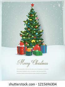 Christmas tree with decorations and gift boxes. Holiday background. Merry Christmas and Happy New Year. Vector illustration