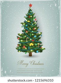 Christmas tree with decorations and gift boxes. Holiday background. Merry Christmas and Happy New Year. Vector illustration