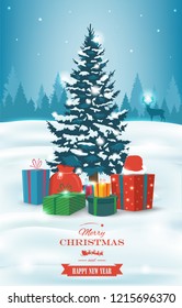 Christmas tree with decorations and gift boxes. Holiday background. Merry Christmas and Happy New Year. Vector illustration Christmas tree with decorations and gift boxes. Holiday background. Merry Christmas and Happy New Year. Vector illustration