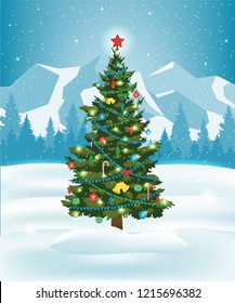 Christmas tree with decorations and gift boxes. Holiday background. Merry Christmas and Happy New Year. Vector illustration