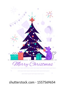 Christmas tree with decorations and gift boxes. Holiday background. Merry Christmas and Happy New Year. Flat style modern design vector illustration for web page, cards, poster, social media.