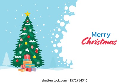 Christmas tree with decorations and gift boxes on a winter landscape background with snowflakes. Merry Christmas Flat style vector illustration
