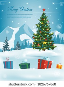 Christmas tree with decorations and gift boxes. Holiday background. Merry Christmas and Happy New Year. Vector illustration