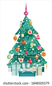Weihnachtsbaum mit Dekoration und Geschenkbox. Schneebedeckt. Frohe Weihnachten und glückliches neues Jahr. Vektorgrafik