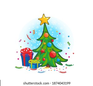 Christmas tree with decorations and gift boxes. Holiday background. Merry Christmas and Happy New Year. Vector on transparent background