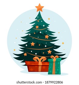 Christmas tree with decorations and gift boxes. Holiday.