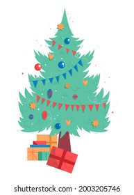 Christmas tree with decorations and gift boxes. Garland, balls, stars, hearts decor on festive pine. Happy New Year, holiday celebration symbol. Vector illustration isolated on white background