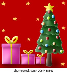 Christmas tree with decorations and gift boxes. Vector illustration. Holiday background. Merry Christmas and Happy New Year. 