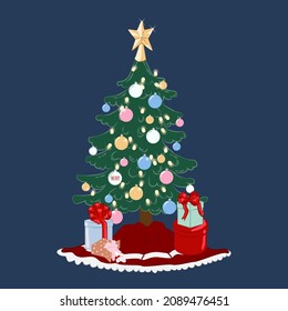 Christmas tree with decorations and gift boxes. Merry Christmas and Happy New Year. Vector illustration