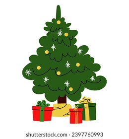 Christmas tree with decorations and gift boxes Colorful flat gifts for the holiday. Modern design. Christmas and New Year elements for decoration. Vector illustration highlighted on a white background