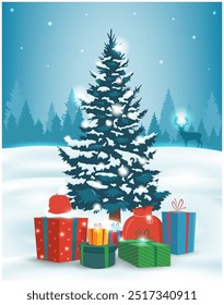 Christmas tree with decorations and gift boxes. Holiday background. Merry Christmas and Happy New Year. Vector illustration