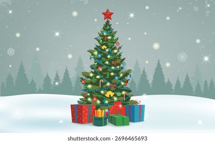 Weihnachtsbaum mit Dekorationen und Geschenkboxen. Feiertagshintergrund. Frohe Weihnachten und einen guten Rutsch ins neue Jahr. Vektorgrafik