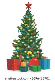 Christmas tree with decorations and gift boxes. Holiday background. Merry Christmas and Happy New Year. Vector