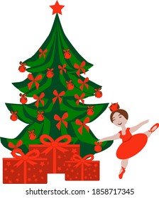 Christmas tree with decorations and gifts and a ballerina in a red dress