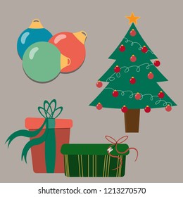 Christmas tree with decorations gifts boxes vector illustration